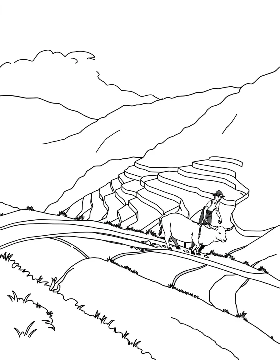 (Peru) Terraced farming fields on a mountainside with a farmer and an ox plowing the soil.