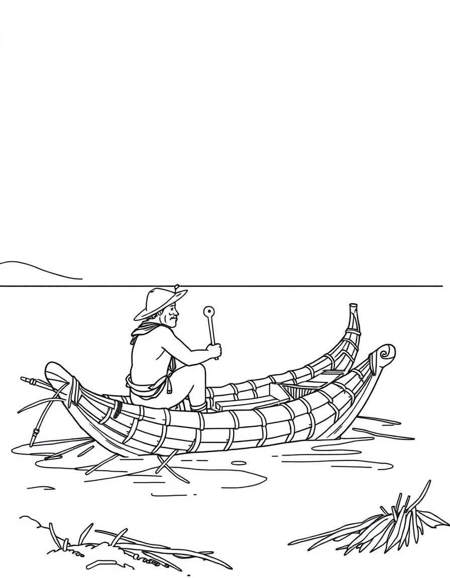 (Peru) A Uros tribesman building a reed boat on the shores of Lake Titicaca.
