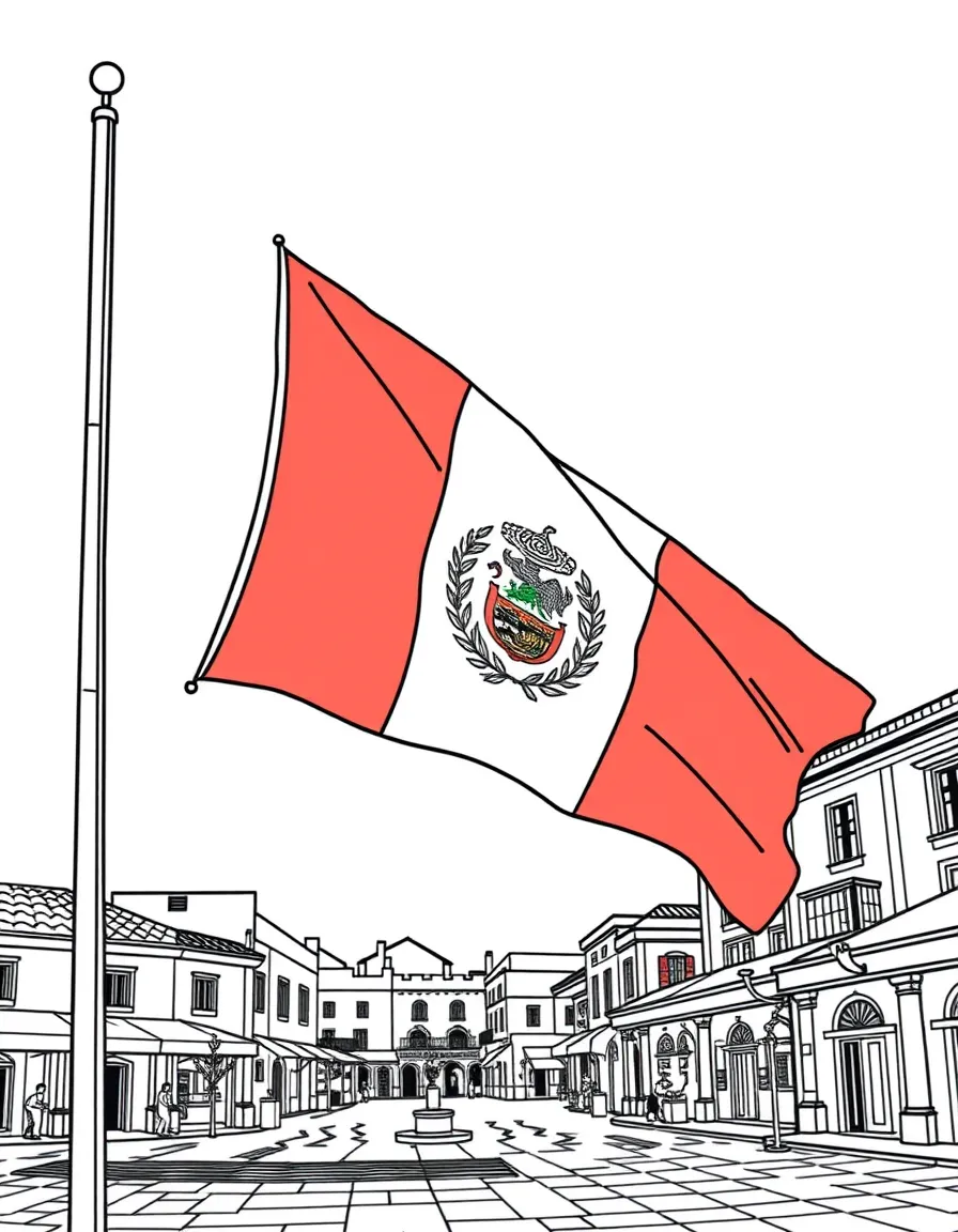 (Peru) The Peruvian flag (red and white) waving on a flagpole in a town plaza.