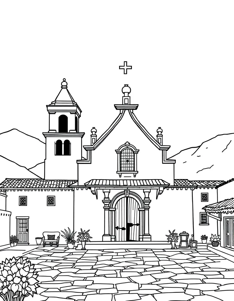 (Peru) A colonial Spanish-style church in a small village square in the Sacred Valley.