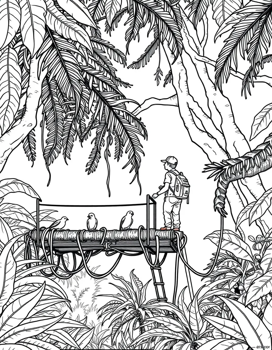 (Peru) The Amazon rainforest canopy with a researcher observing birds and monkeys from a platform.