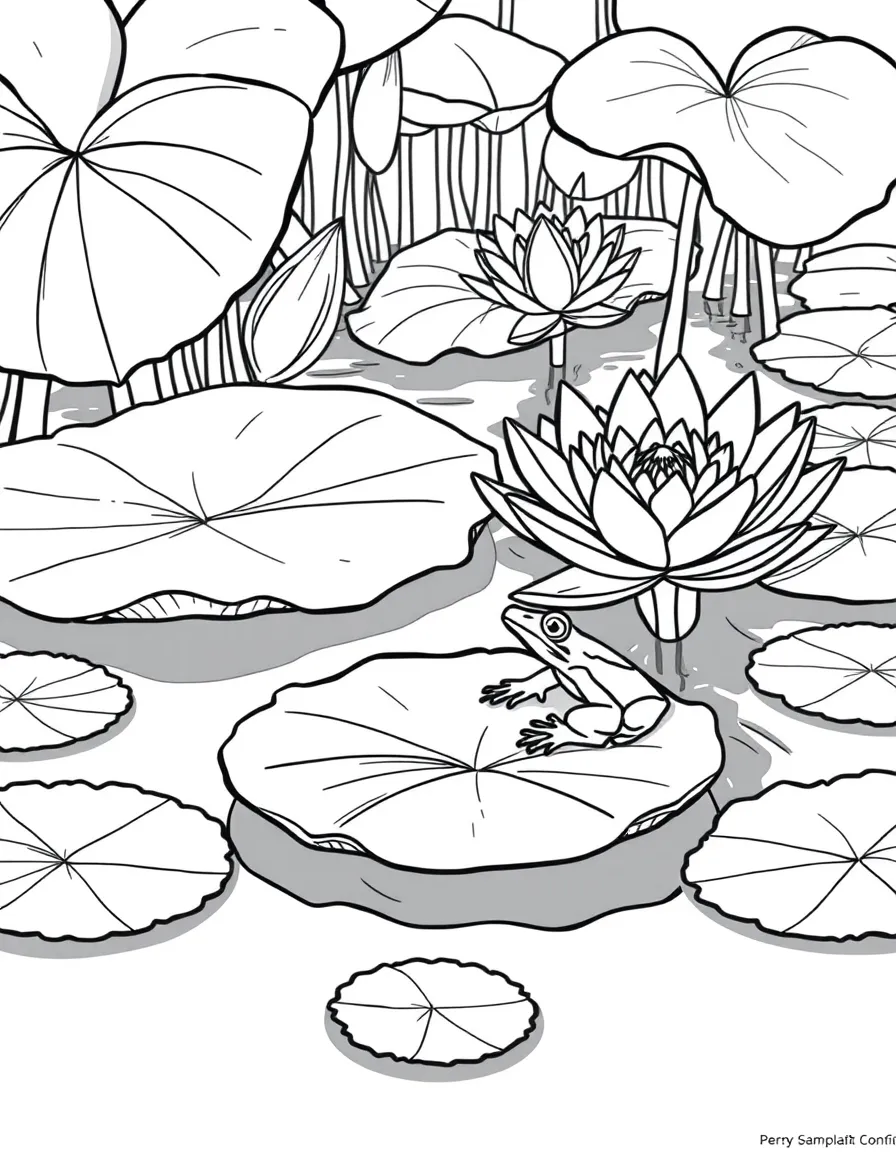(Peru) Giant water lilies floating on a calm lake in the Amazon region with a frog on a leaf.