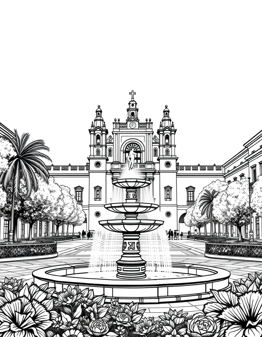 (Peru) The Plaza de Armas in Lima with a colonial fountain and the grand Cathedral in the background.