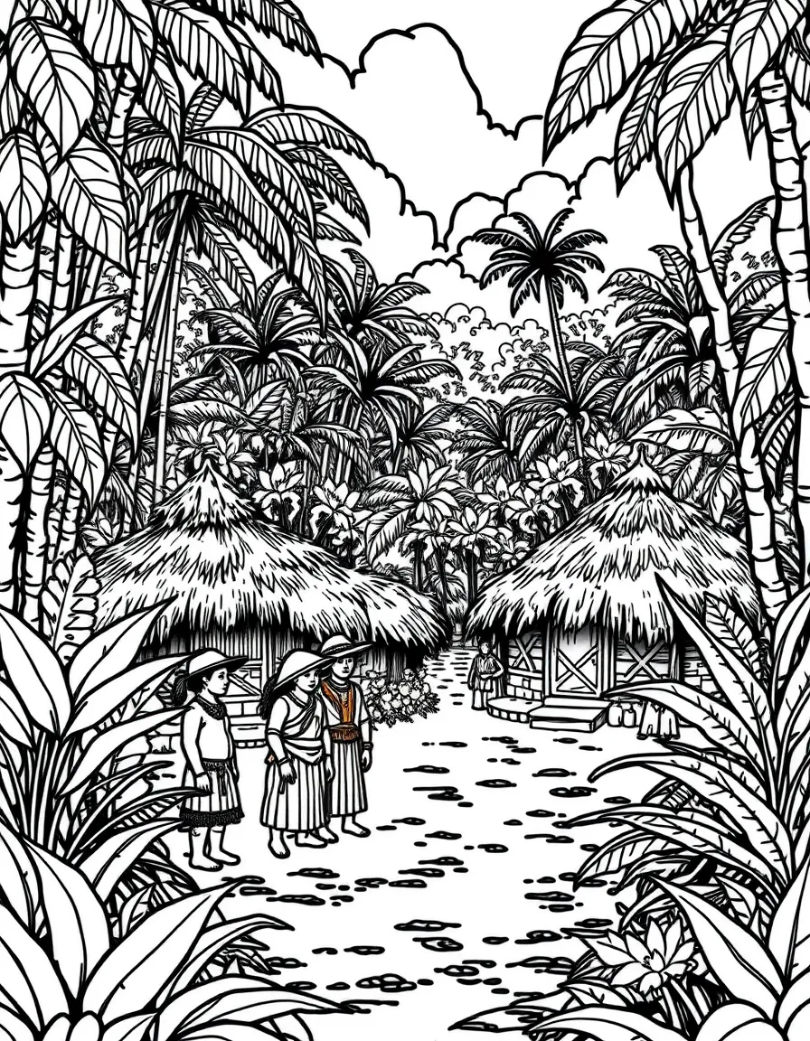 (Peru) An Amazon rainforest village with indigenous people in front of their thatched huts surrounded by jungle.
