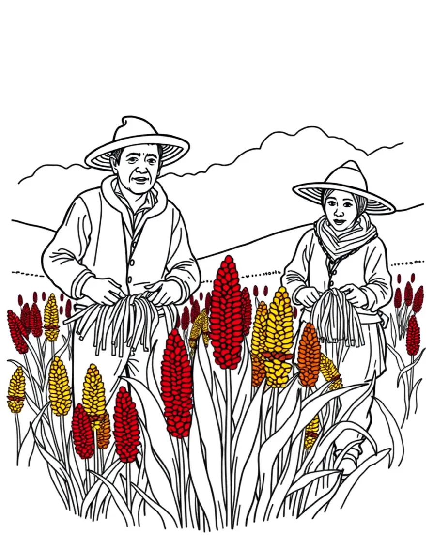 (Peru) Farmers harvesting quinoa plants with bright red and yellow seed heads in the Andean highlands.