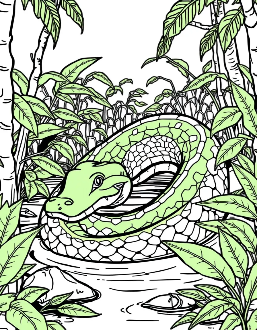 (Peru) A giant green anaconda snake coiled in the swampy waters of the Amazon rainforest.