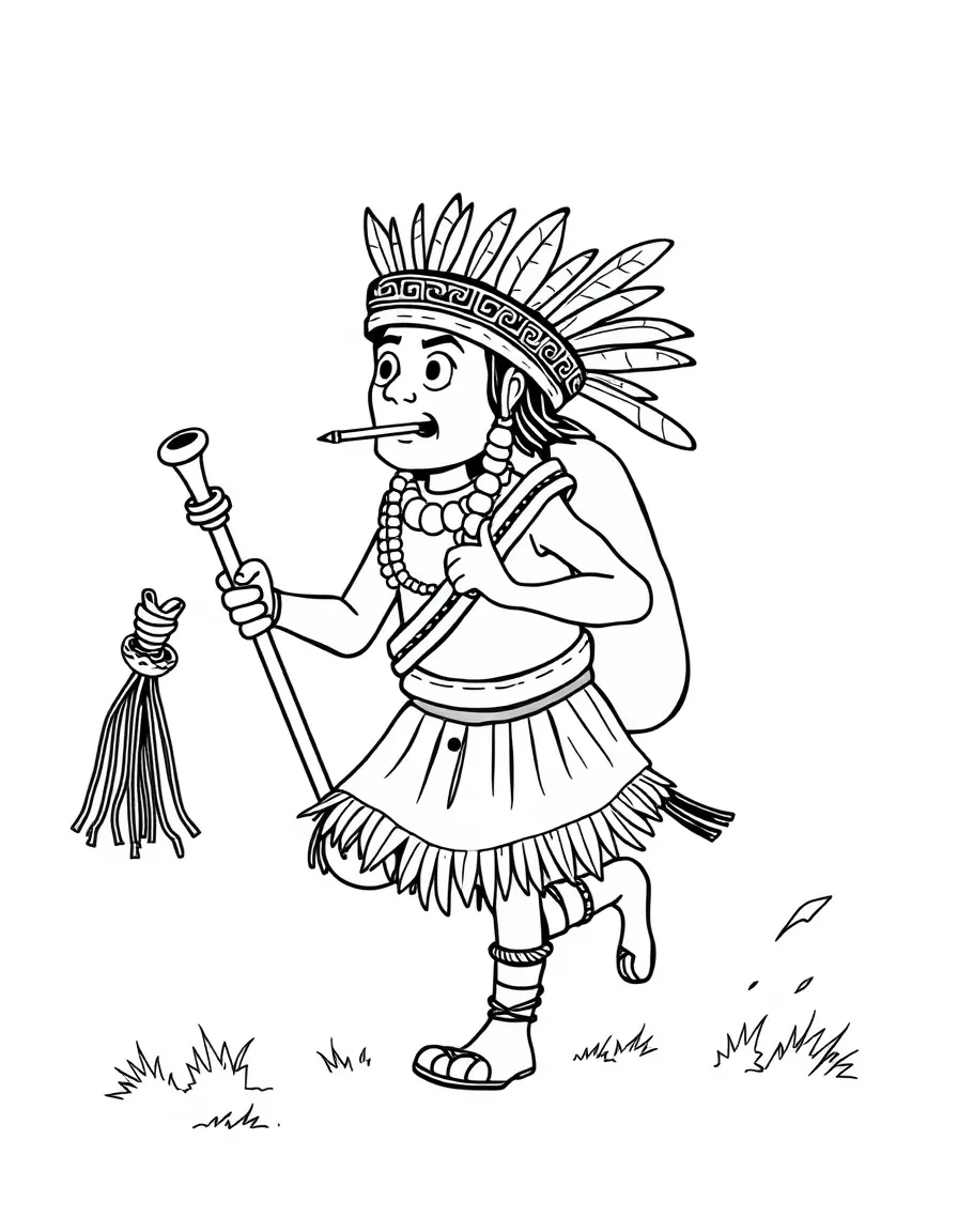 (Peru) An Inca messenger (chasqui) running with a quipu (knotted string record) and a conch shell horn.