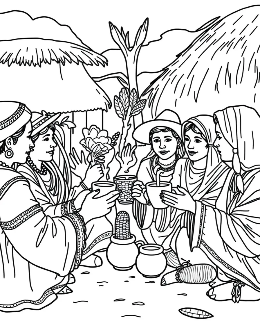 (Peru) People in a village sharing chicha morada (purple corn drink) from clay cups during a celebration.