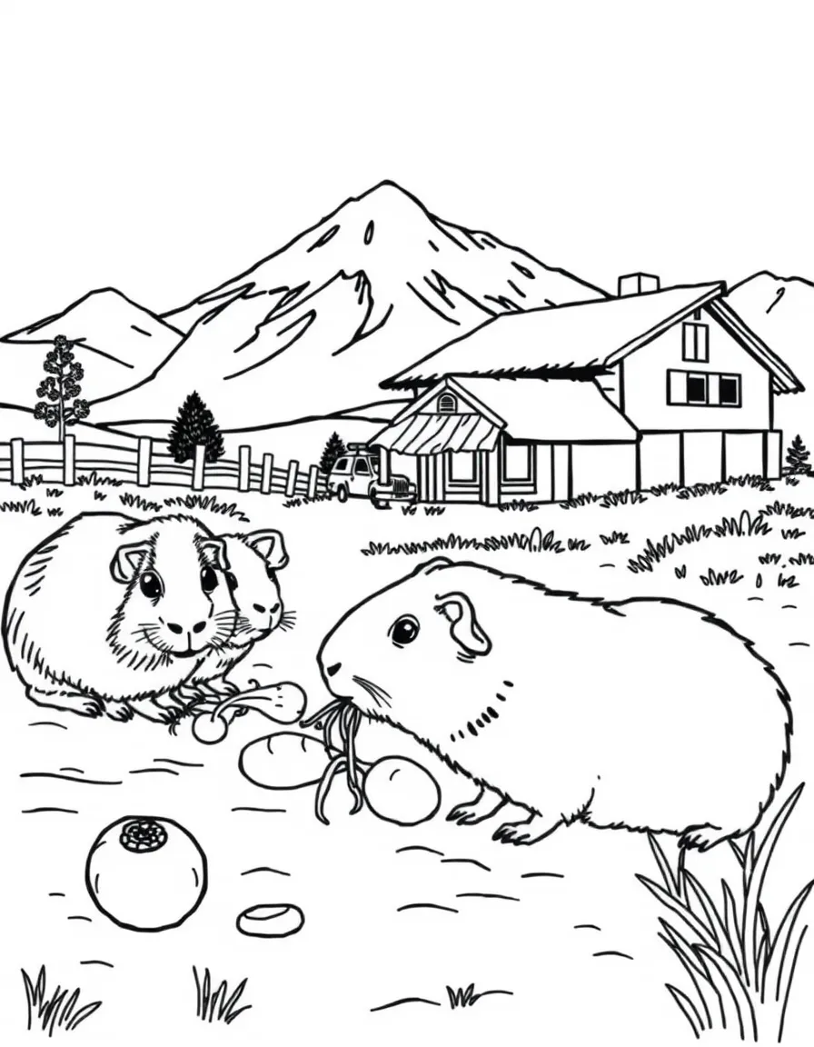 (Peru) A group of guinea pigs (cuy) nibbling on vegetables by a farmhouse in the Andes.