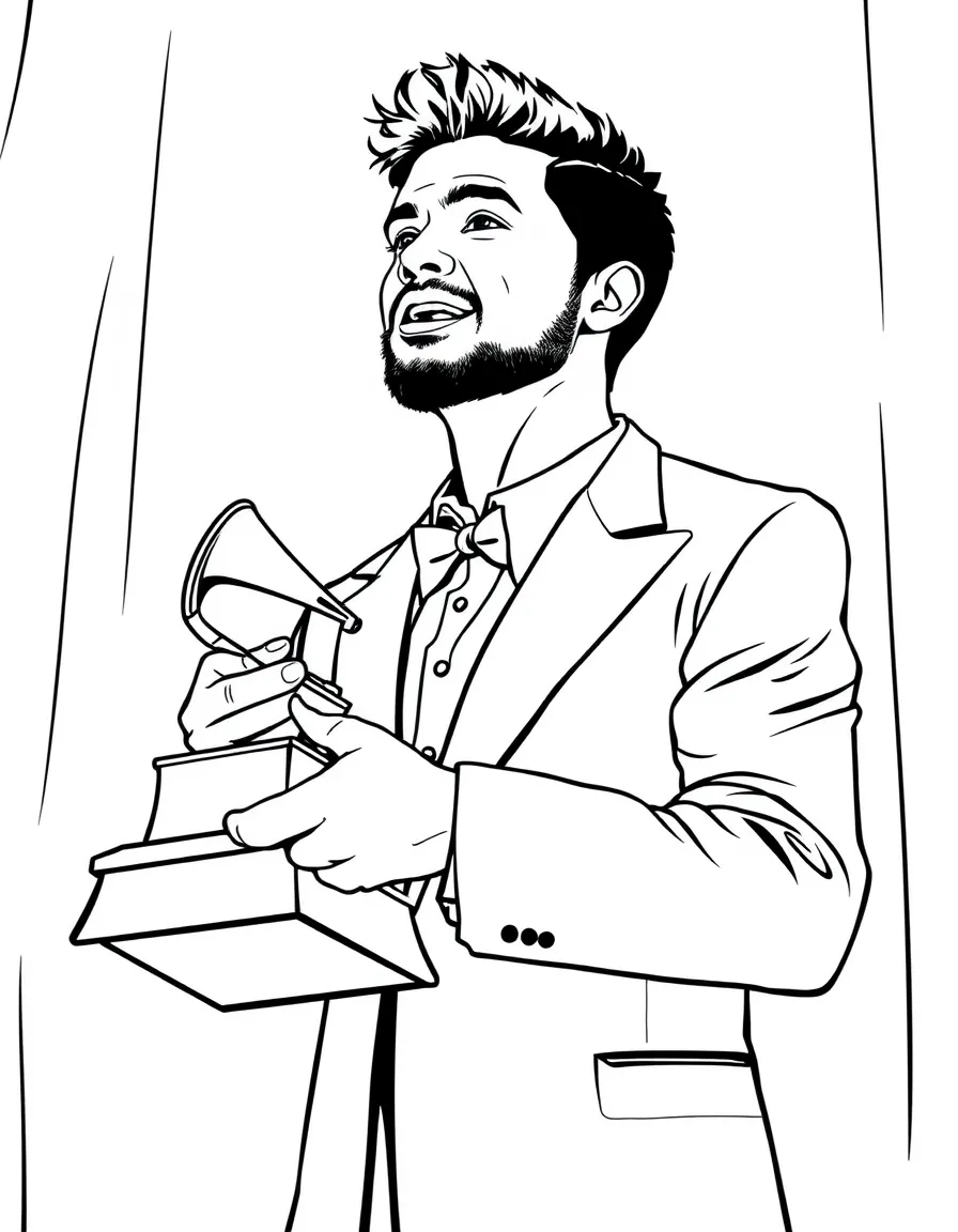 closeup view of an actor holds a Grammy Award on stage.