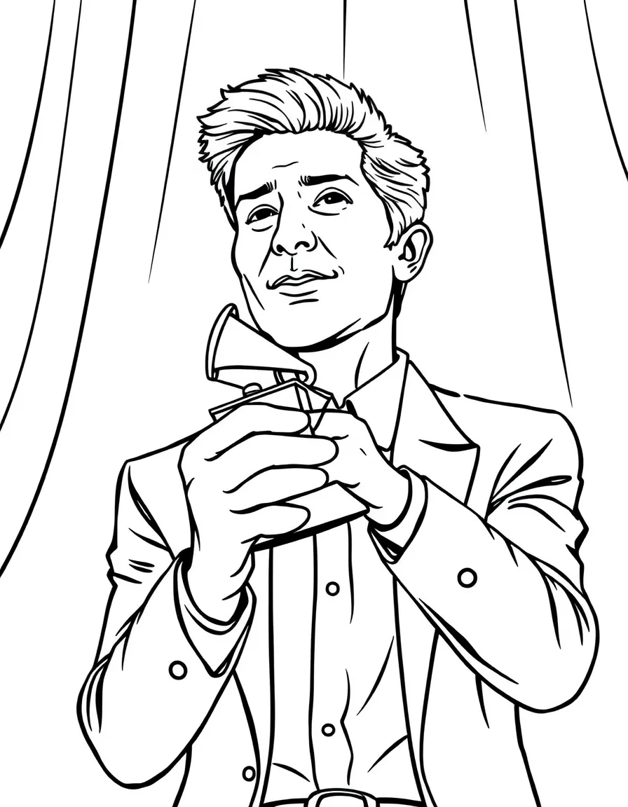 closeup line drawing of an actor holds a Grammy Award on stage.