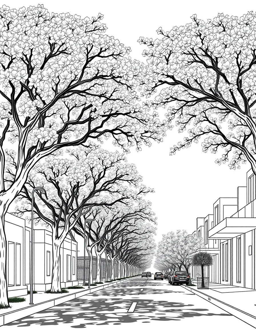 (South Africa) Streets in Pretoria lined with blooming jacaranda trees in springtime.