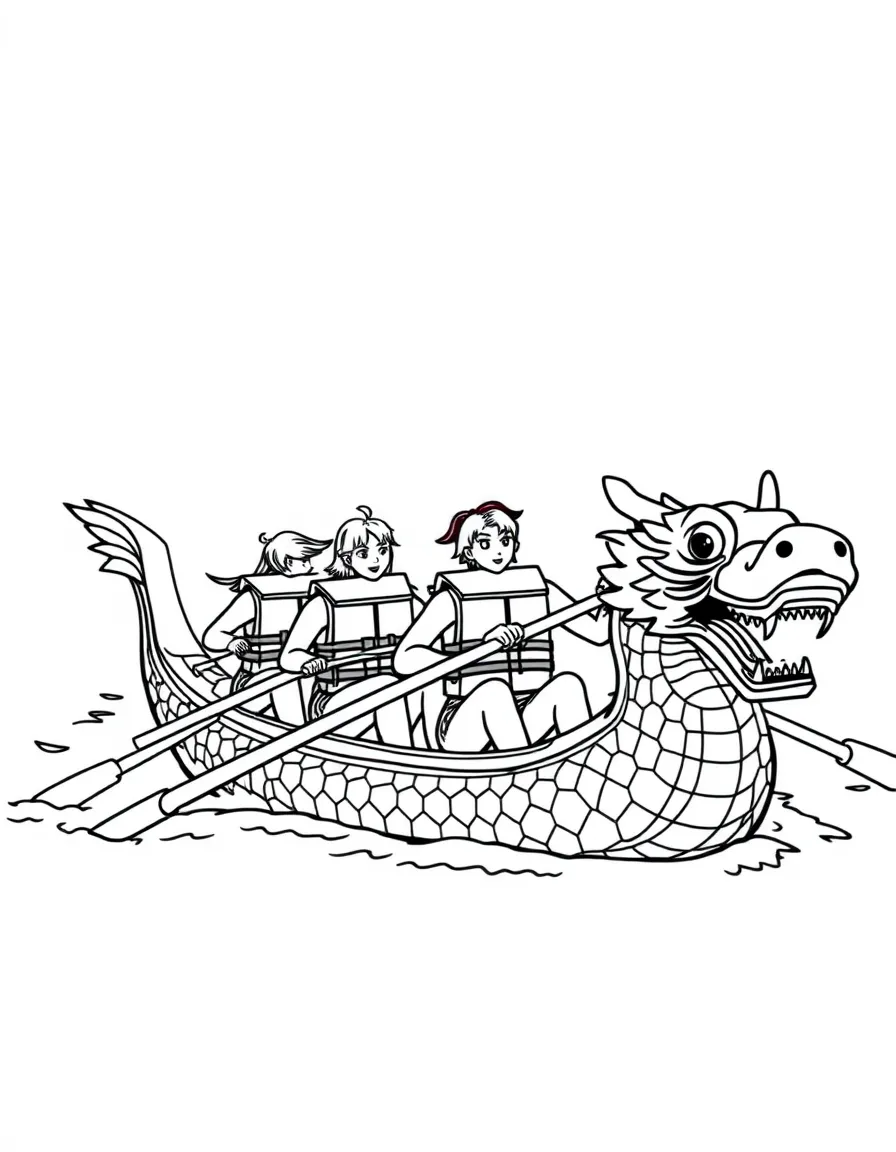 A team of paddlers in life jackets rowing together in a dragon boat