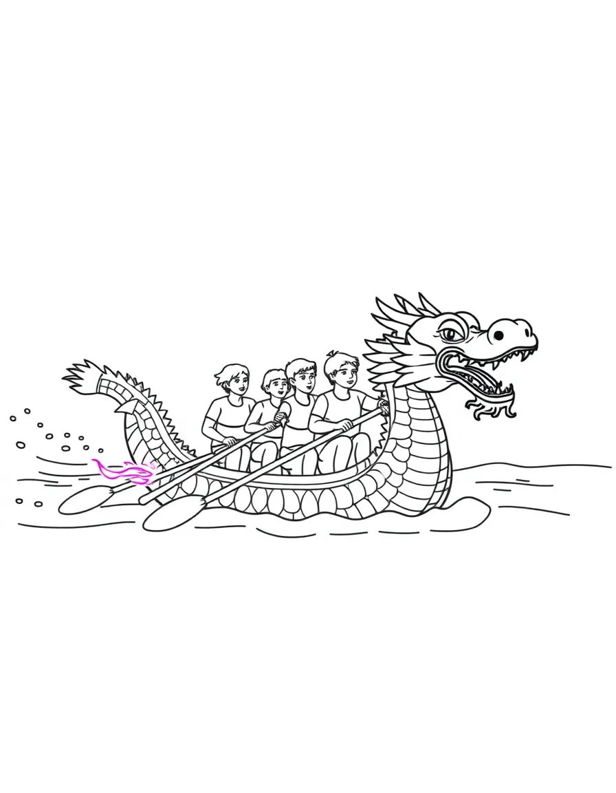 A team of paddlers rowing together in a dragon boat