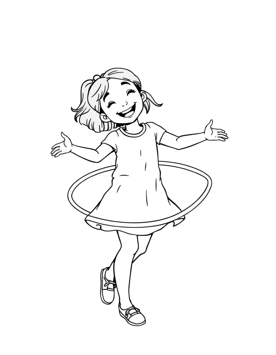 A girl playing with a hula hoop, laughing as it spins around her waist.