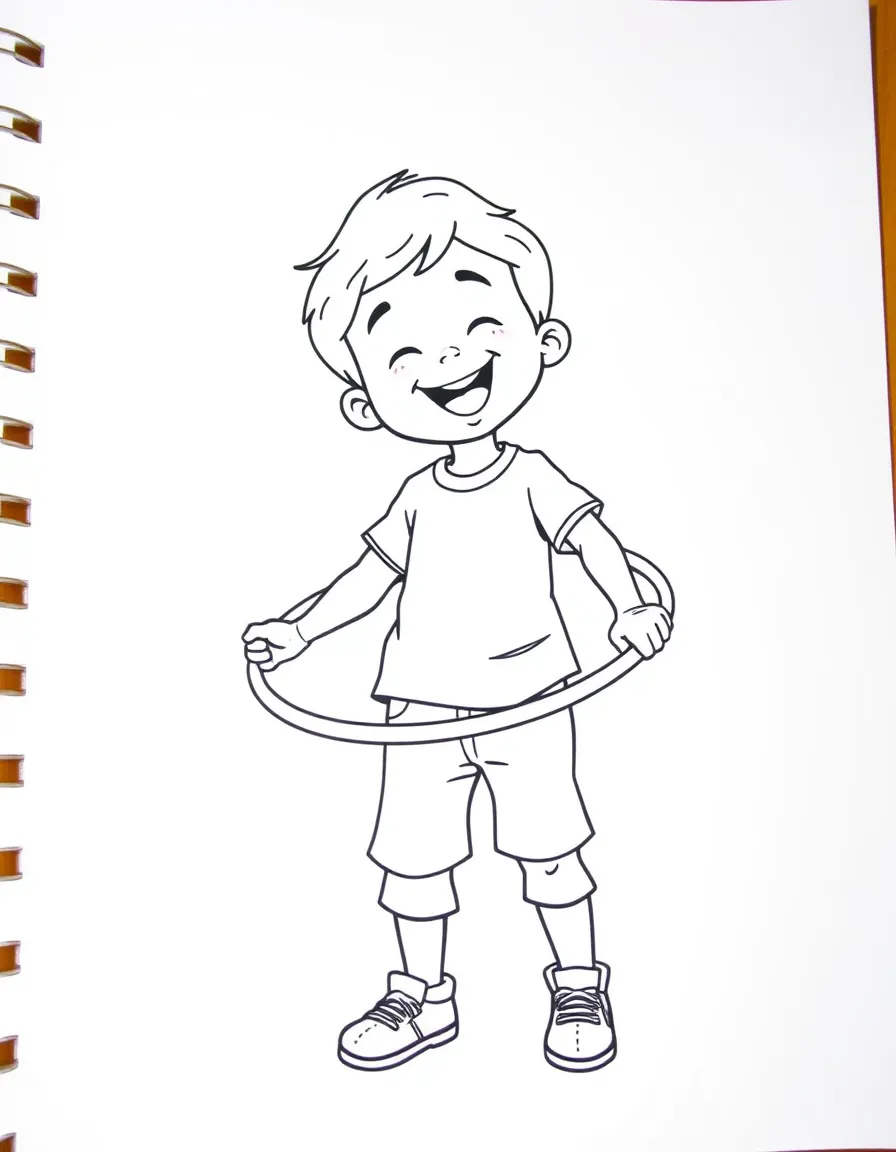 A boy playing with a hula hoop, laughing as it spins around her waist.