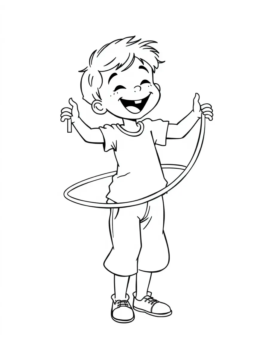 A boy playing with a hula hoop, laughing as it spins around her waist.
