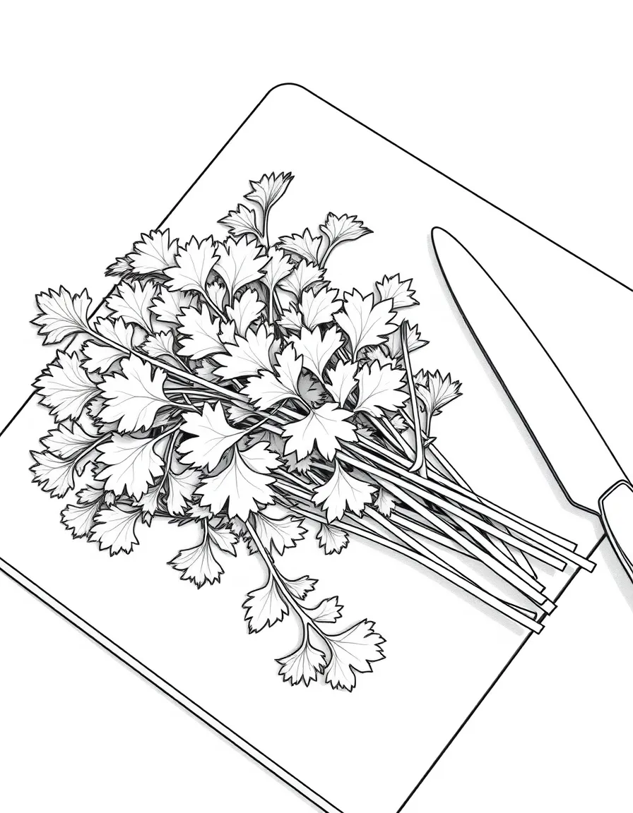 A bunch of fresh cilantro leaves with detailed stems, lying on a kitchen cutting board with a small knife nearby