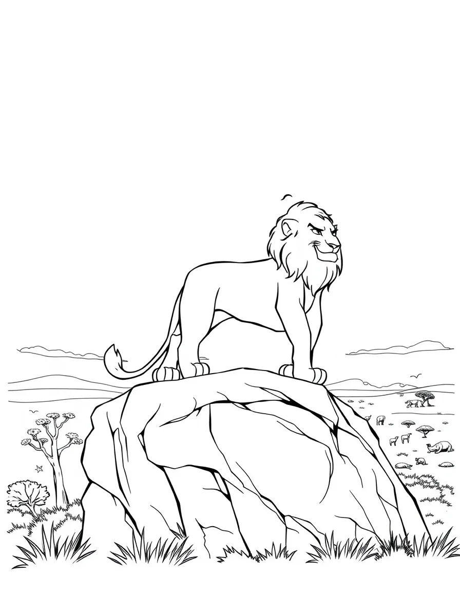 Draw a majestic scene of Mufasa standing proudly on Pride Rock with his mane flowing in the wind, overlooking the vast African savanna at sunrise. Include some acacia trees and distant animals to complete the royal atmosphere.