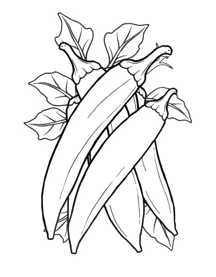 A simple coloring page featuring a bunch of fresh okra pods with leaves, arranged in a fun and kid-friendly style.