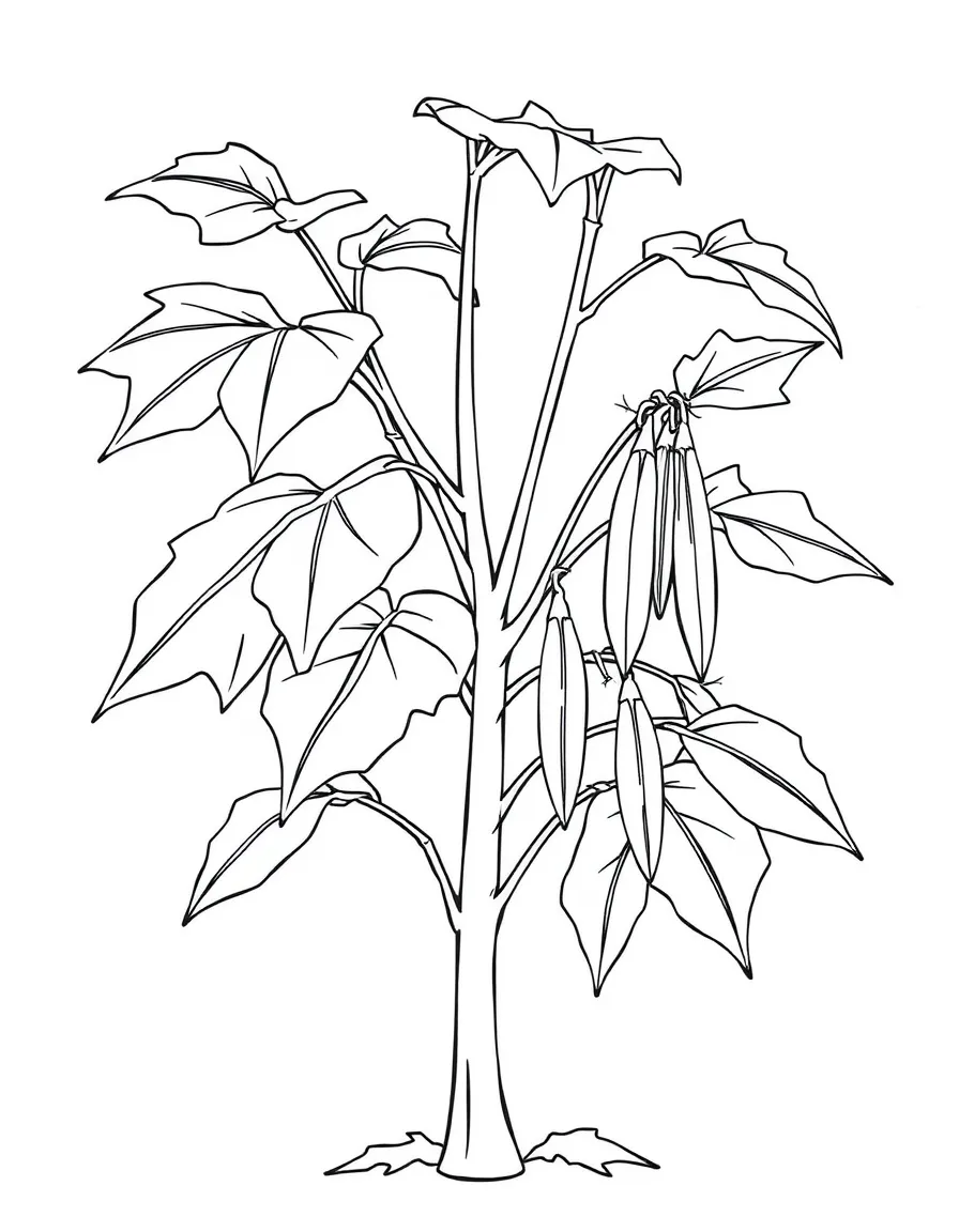 A simple coloring page of an okra plant with tall green stems, large leaves, and several okra pods growing on the branches.