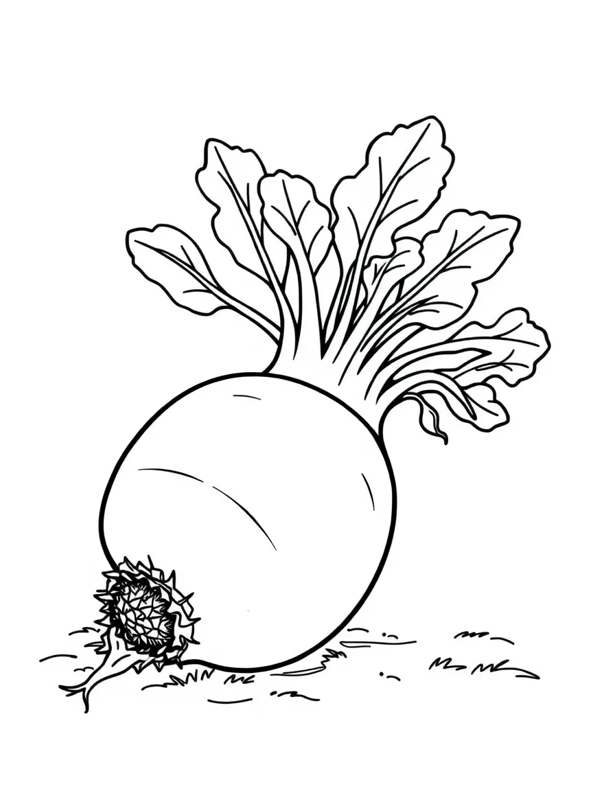 A big daikon radish with leafy greens on top, lying on the ground, drawn with simple lines for kids to color.