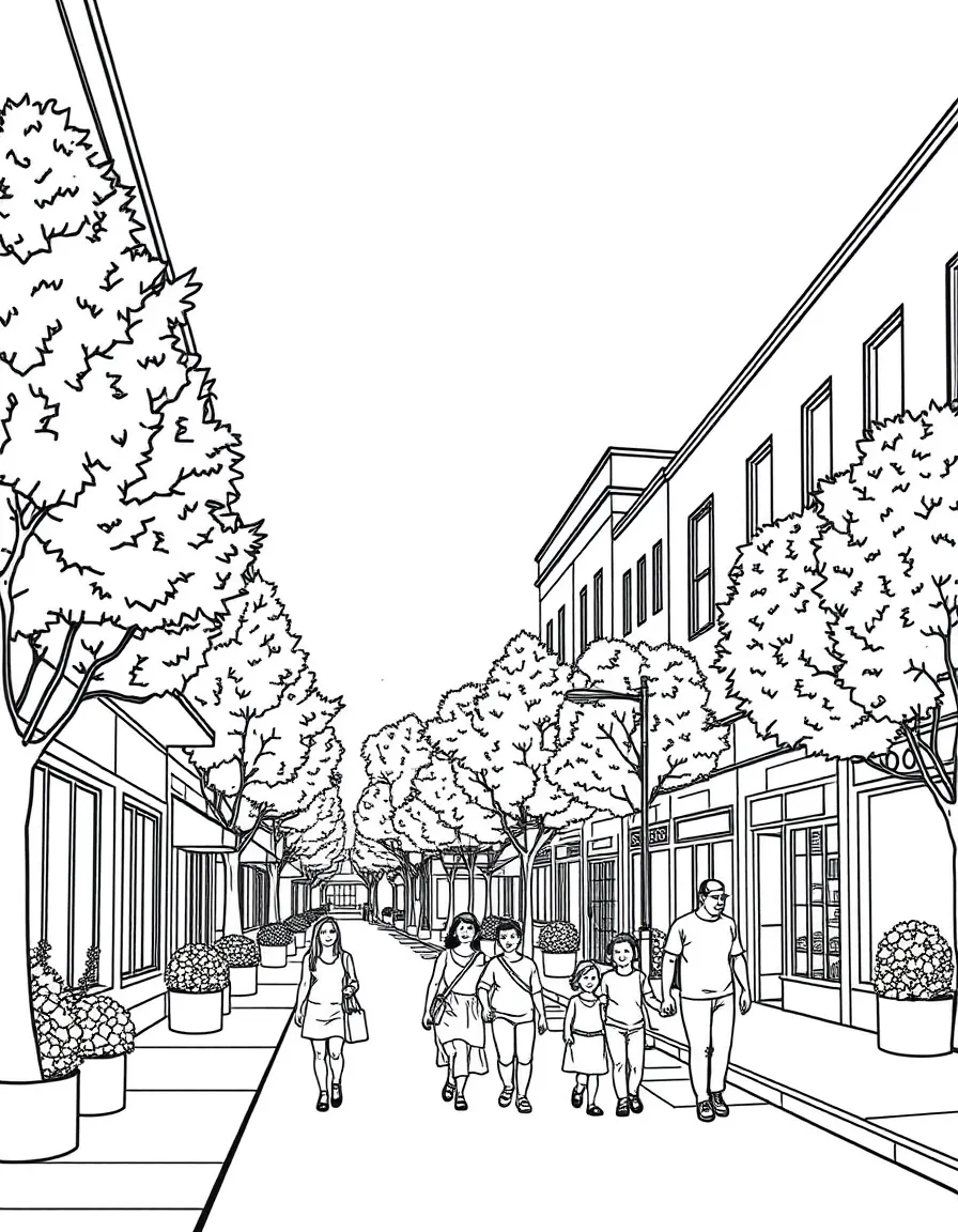 A simple coloring page of downtown Bethesda, Maryland, showing small shops, tree-lined streets, and families walking on the sidewalk.