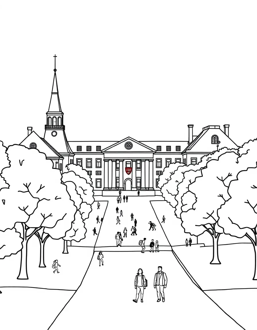 A simple line drawing of the Harvard campus with iconic buildings, trees, and students walking around, designed as a fun coloring page for kids.