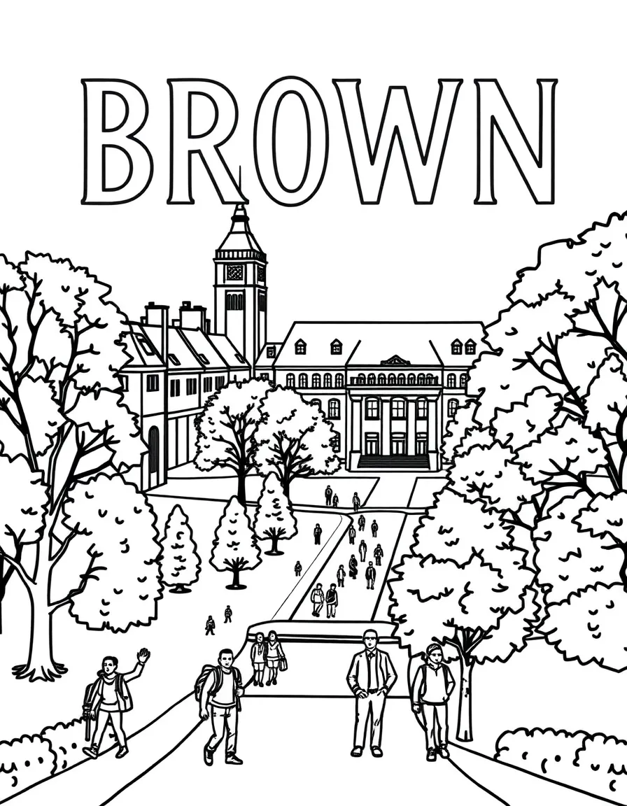 A simple line drawing of the Brown University campus with its iconic buildings, trees, and students walking around for kids to color.