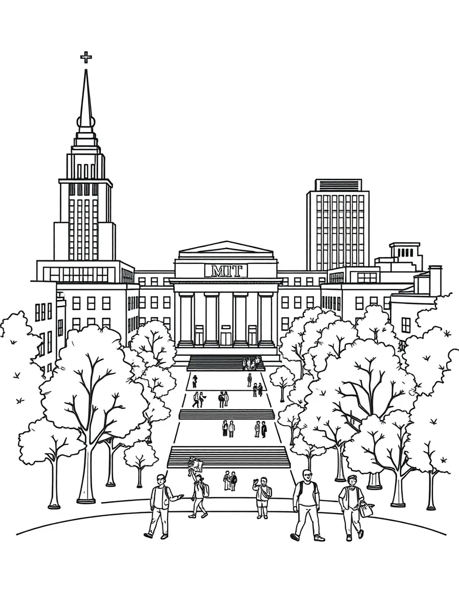 A simple line drawing of the MIT campus with its iconic buildings, trees, and students walking around for kids to color.