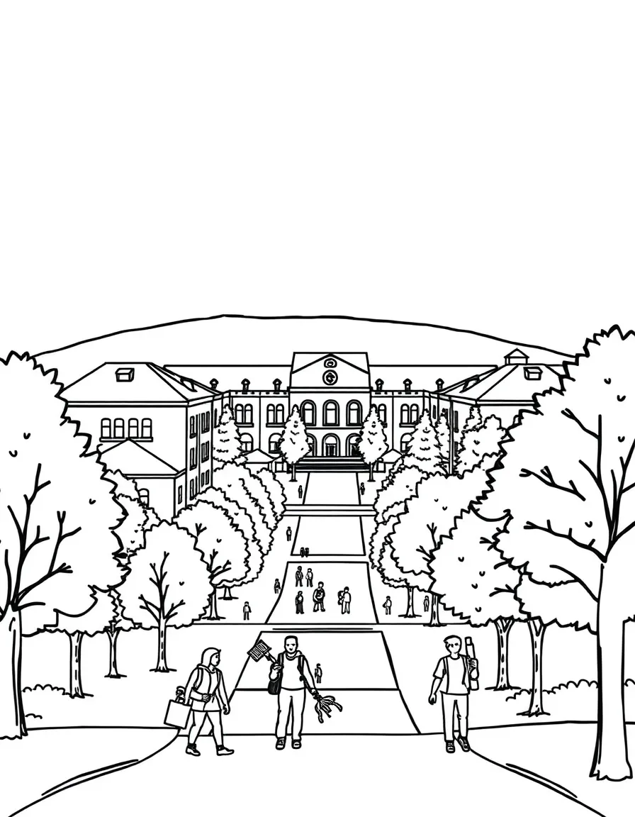 A simple line drawing of the Stanford campus with its iconic buildings, trees, and students walking around for kids to color.