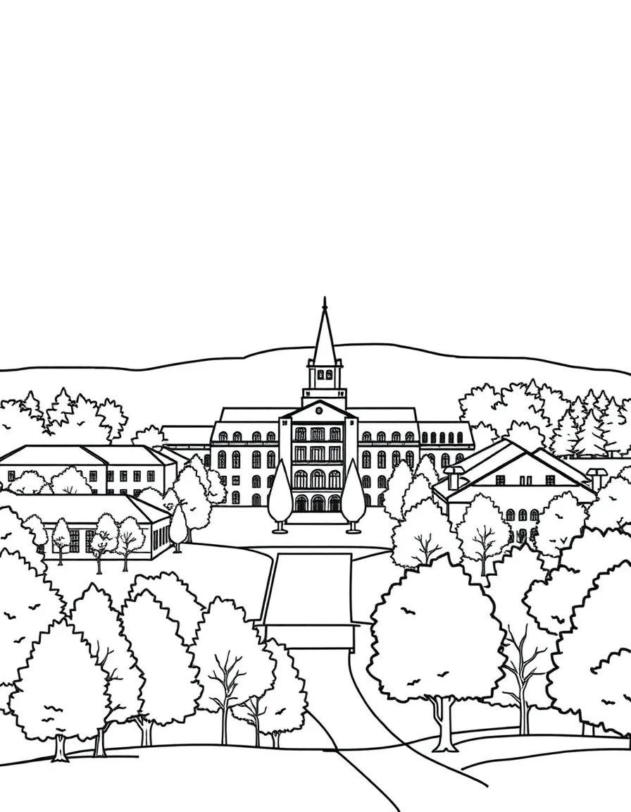 A simple line drawing of the Stanford campus with its iconic buildings