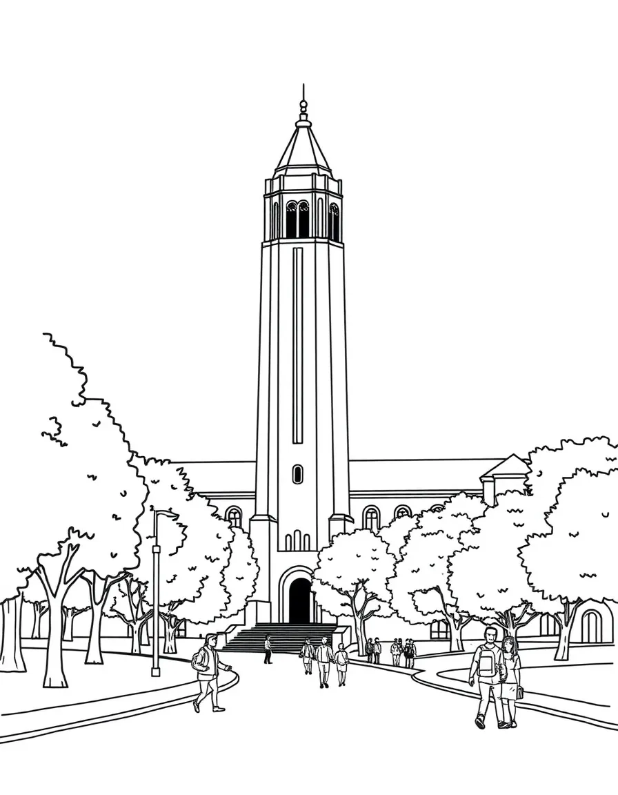 A simple line drawing of the UC Berkeley campus with the iconic Sather Tower, trees, and students walking around.