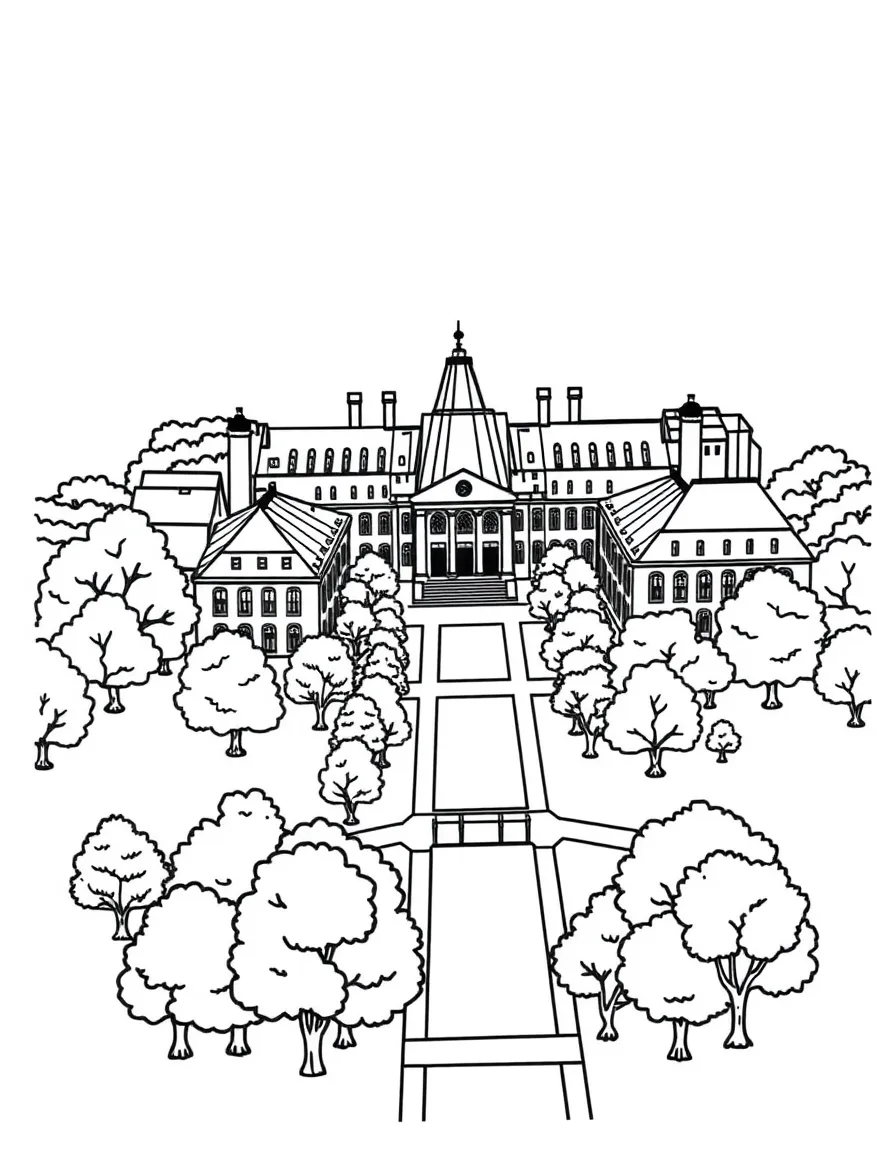 A simple bird’s-eye view of Princeton University with iconic buildings, tree-lined walkways, and open lawns, designed for kids to color.