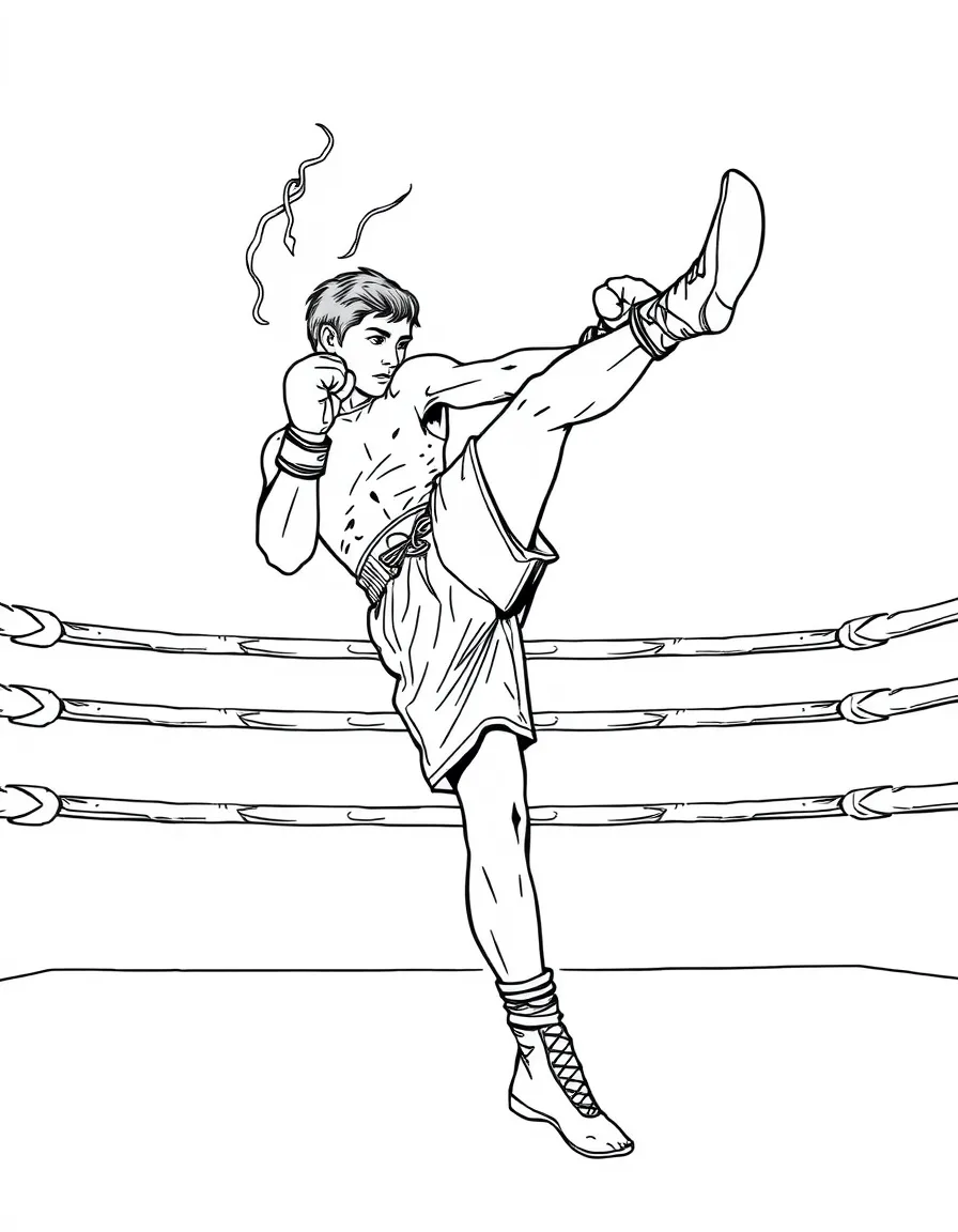 (Thailand) A Muay Thai kickboxer performing a high kick in a boxing ring.