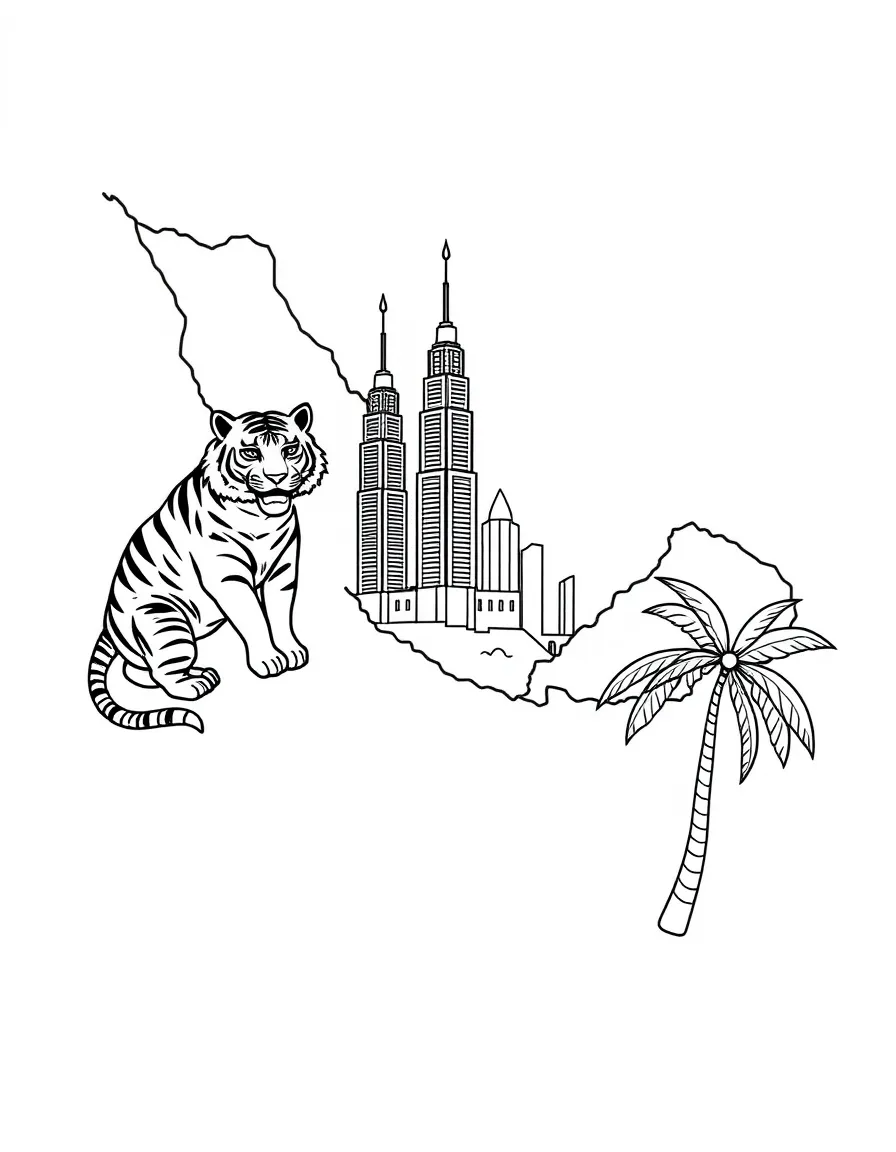 (Malaysia) A map of Malaysia with illustrations of a tiger, the Petronas Towers, and a palm tree around it