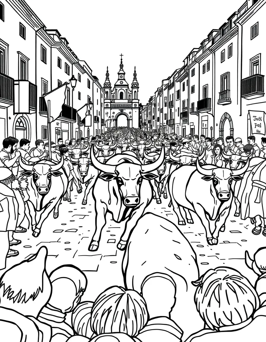 (Spain) A lively scene from the Running of the Bulls in Pamplona.