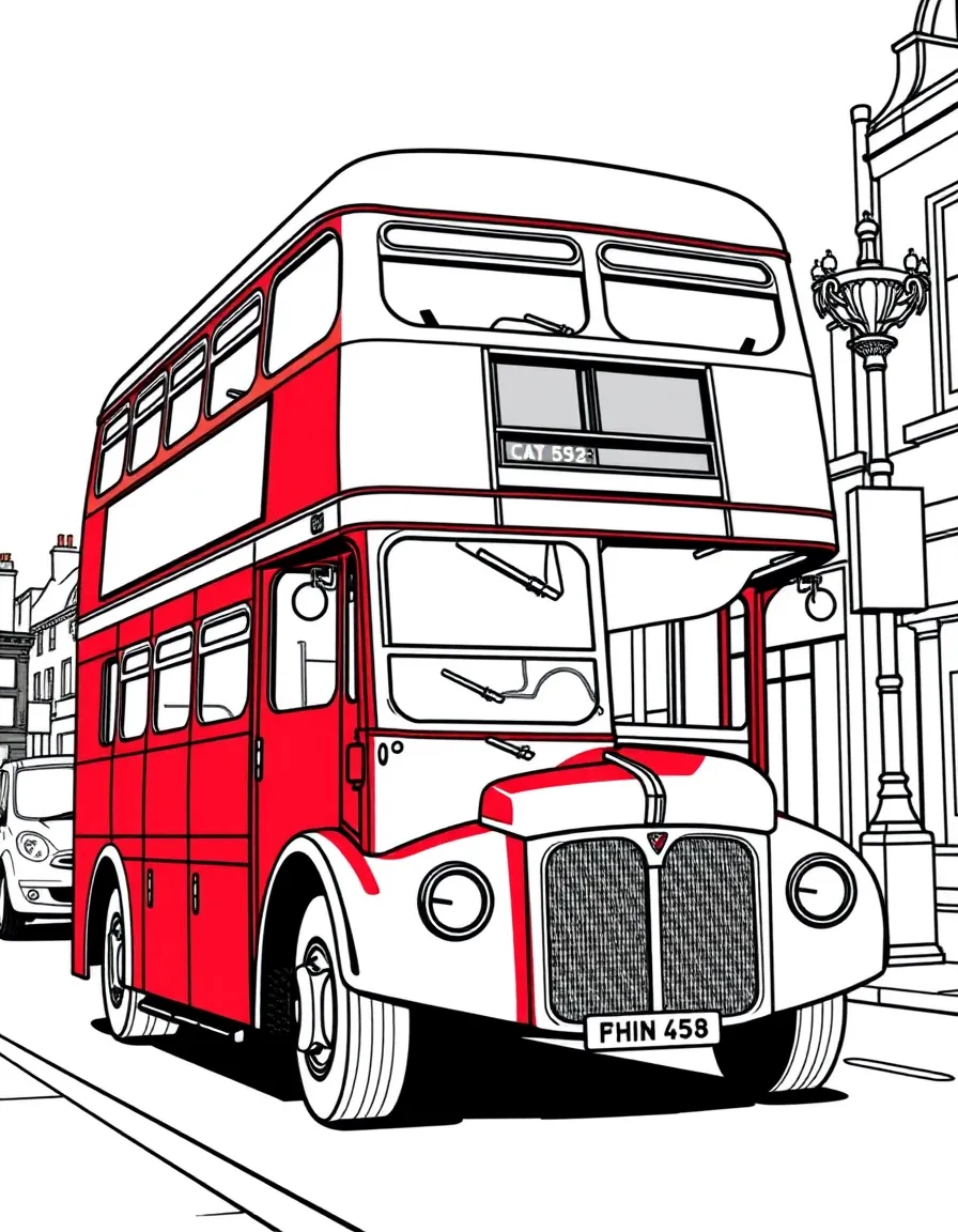 (United Kingdom) A classic red double-decker bus driving down a street