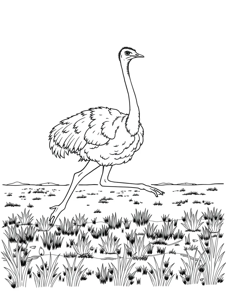(South Africa) A tall ostrich running fast on its long legs across the plain.