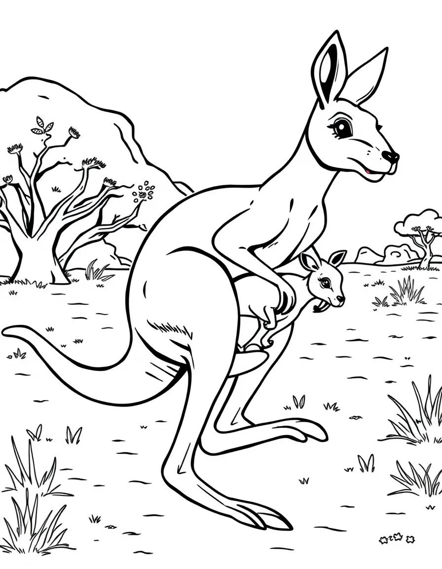 (Australia) A mother kangaroo hopping with a joey in her pouch through the outback.