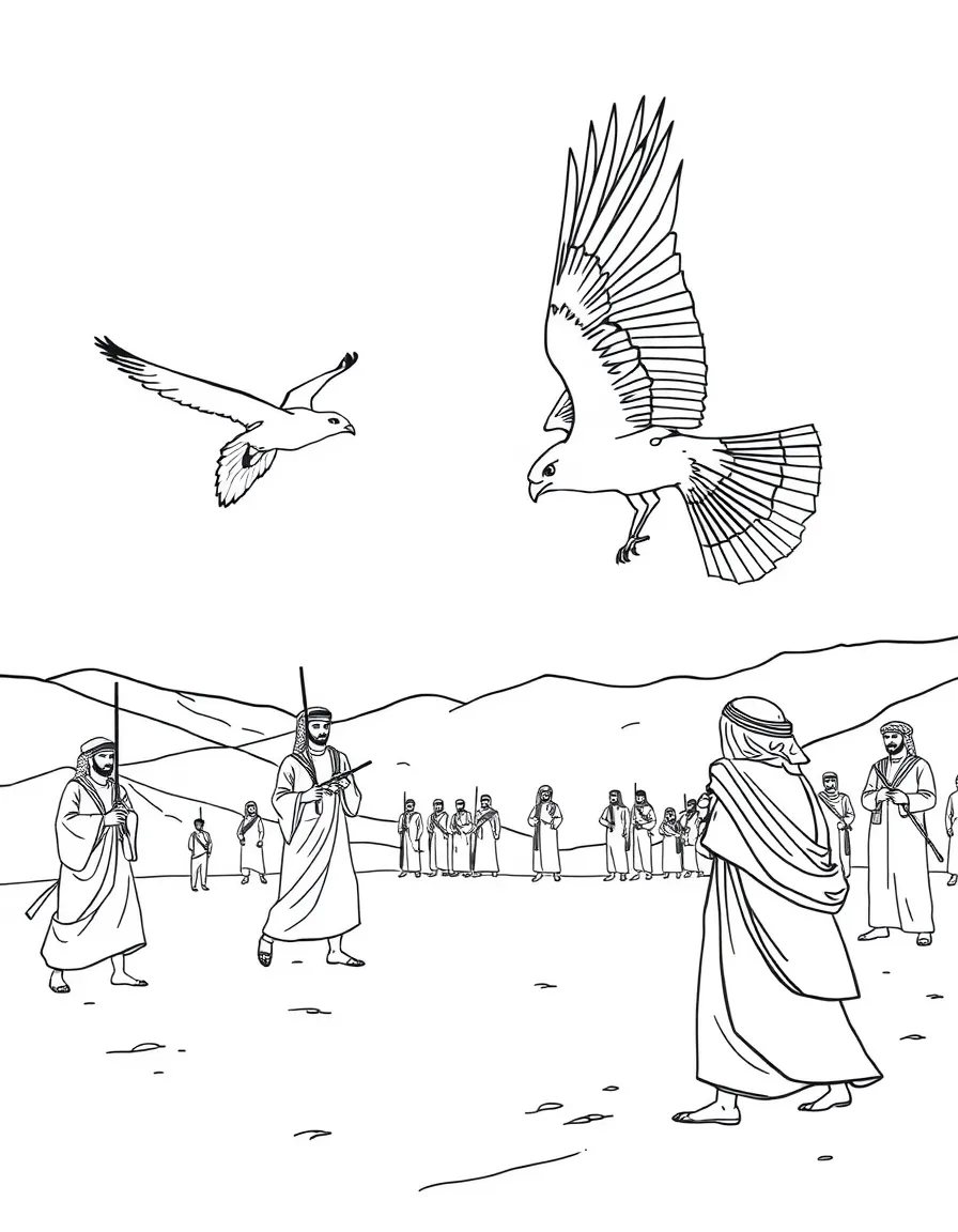 (Saudi Arabia) A falconry tournament in the desert with falcons flying fast and trainers watching.