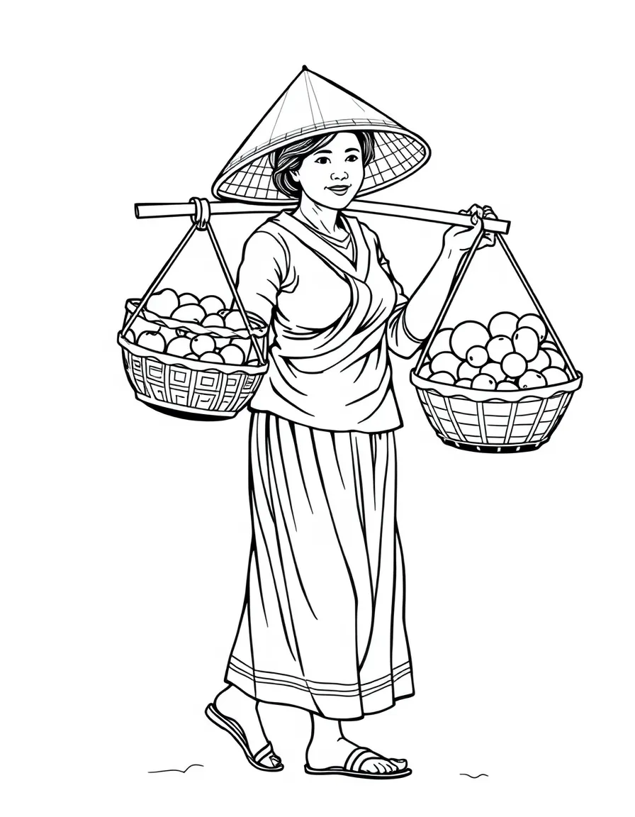 (Vietnam) A lady carrying two heavy baskets on a shoulder pole, filled with fresh fruits.
