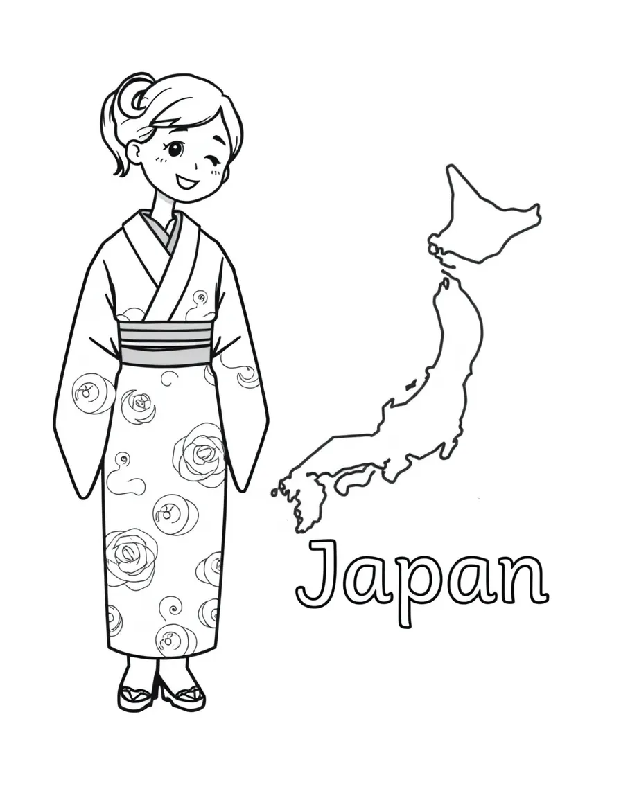 A friendly kimono, a simple outline map of Japan, and the word "Japan"