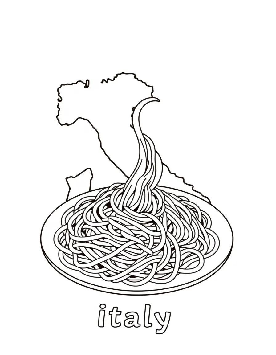 plate of spaghetti, a simple outline map of Italy, and the word "Italy"