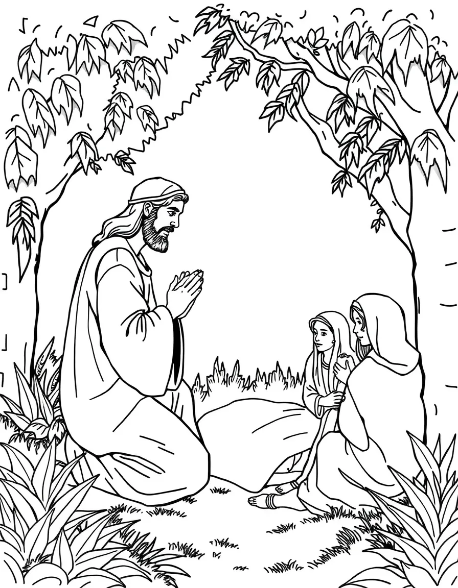 Jesus praying in the Garden of Gethsemane, with his disciples sleeping.