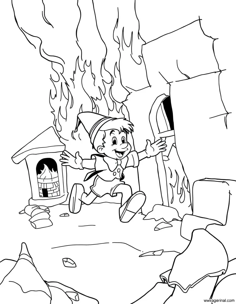 Pinocchio running into a burning building to save Geppetto.