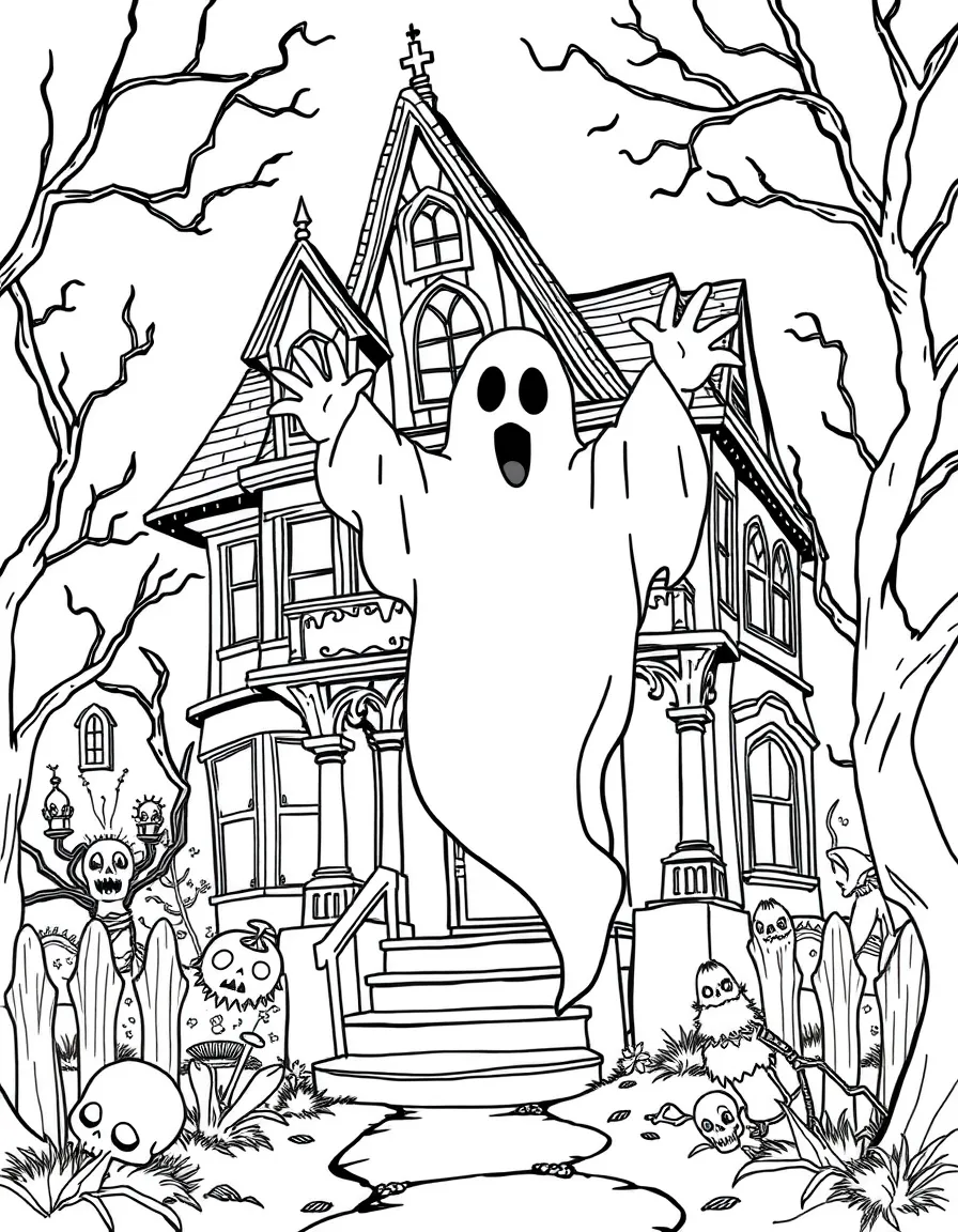 Ghost floating through haunted mansion, with sheet-like appearance and spooky Victorian house details