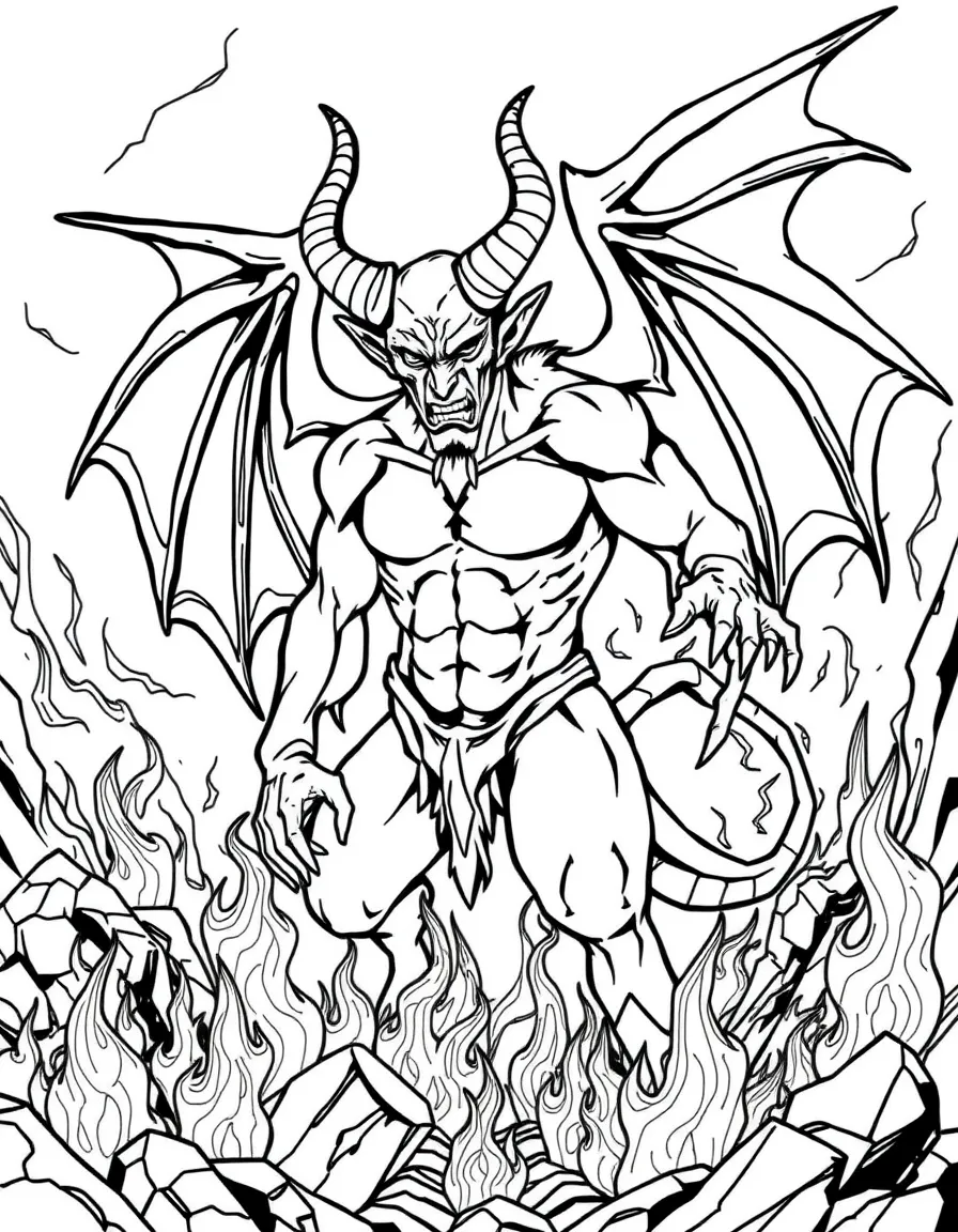 Demon with horns and wings in underworld setting, with fire and brimstone creating hellish landscape