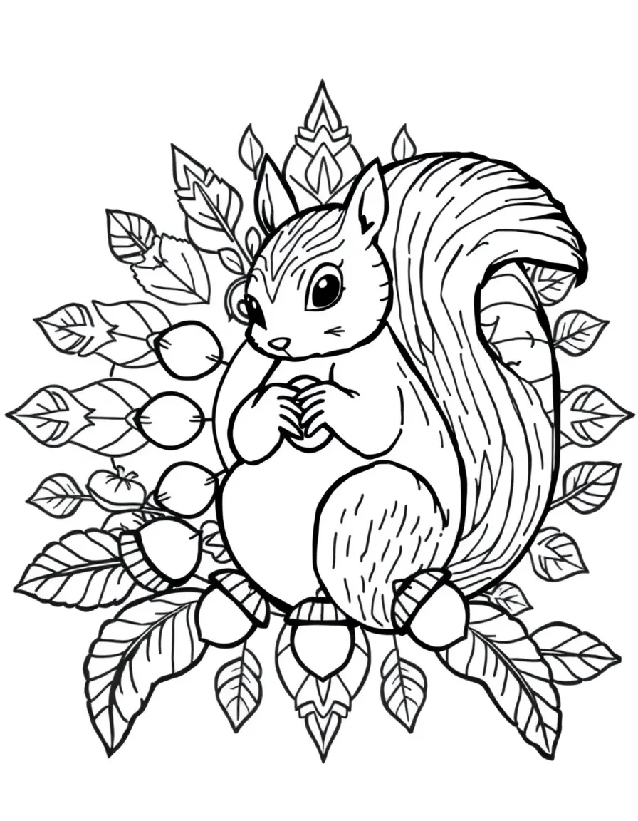Squirrel with acorn patterns forming a forest mandala design