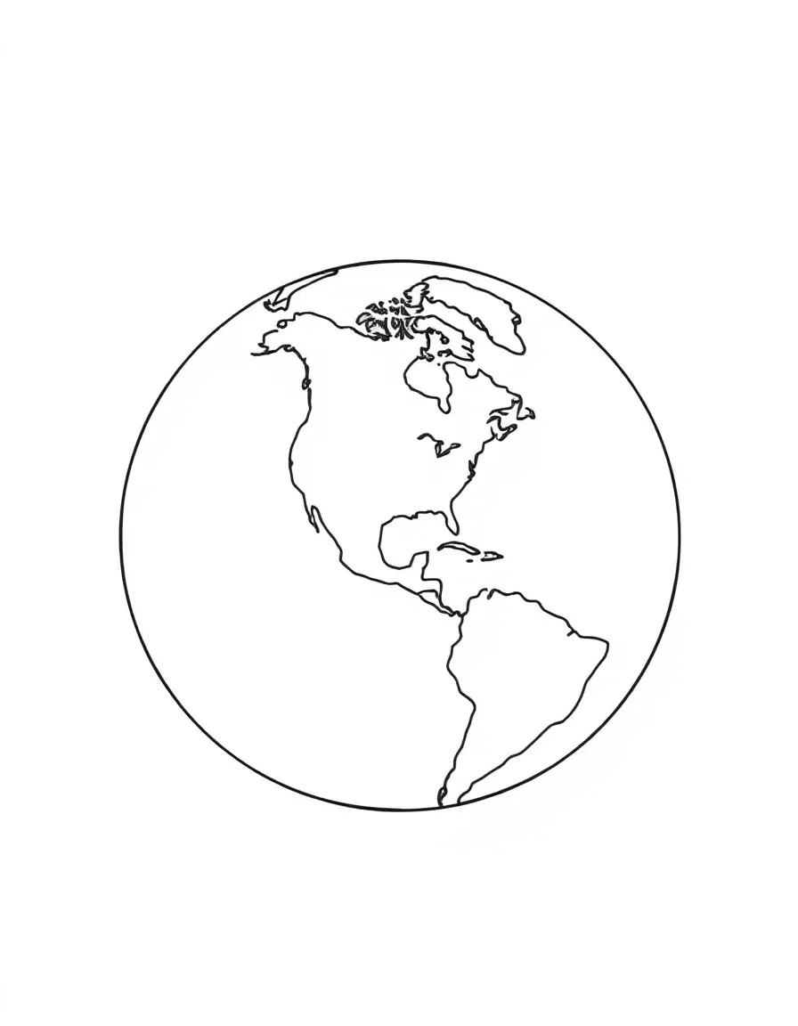 A simple coloring page of a globe with the North America clearly visible at the center.